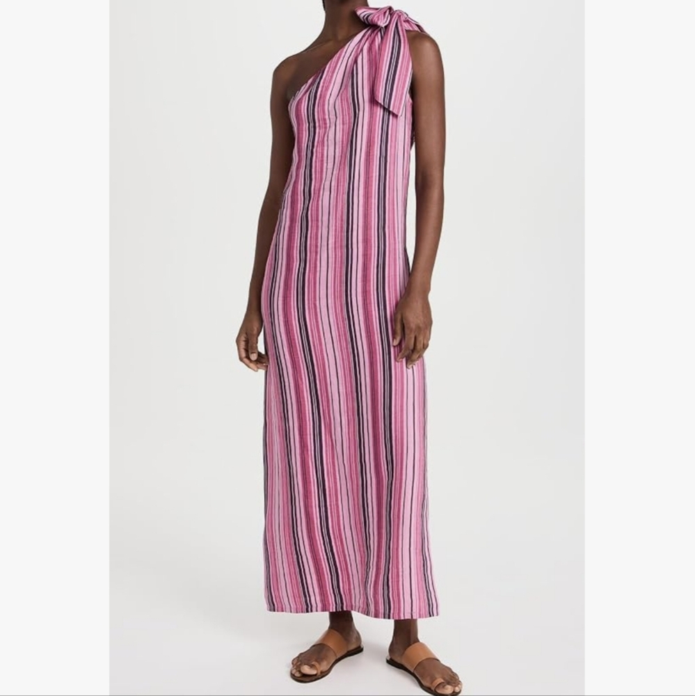 Lisa Marie Fernandez Pink Sarong Striped Dress One-Shoulder Resortwear